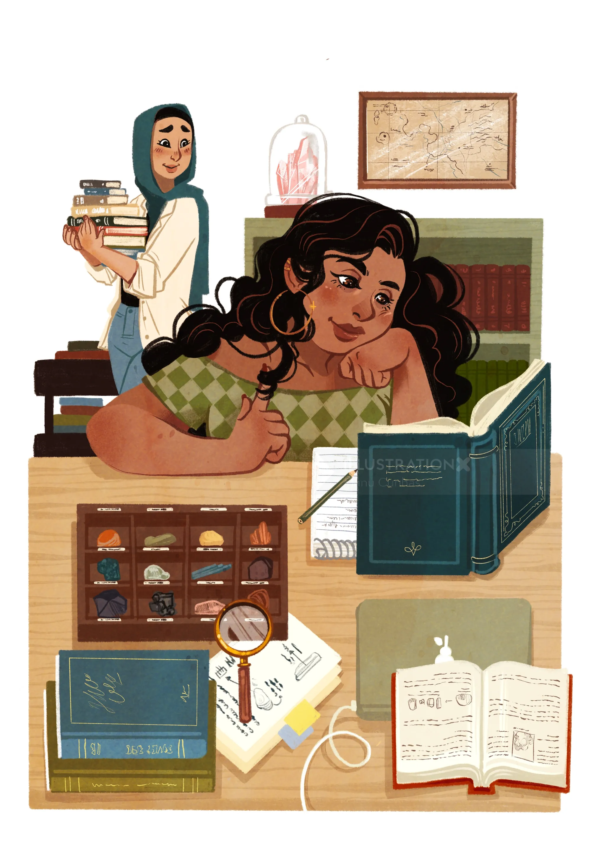 Illustration by Manu Cunhas of a woman reading at a desk surrounded by books.