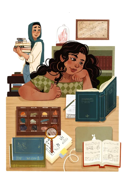 Illustration by Manu Cunhas of a woman reading at a desk surrounded by books.