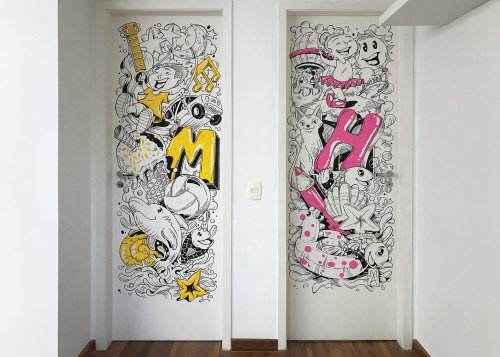 Graphic art on children room door
