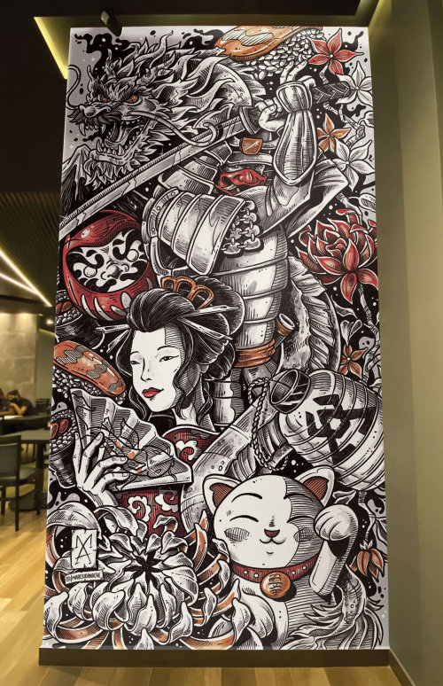Mural decorativo de parede para restaurante japonês Kodawari em Guaíra, Paraná