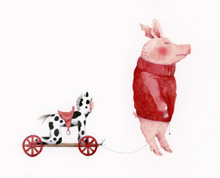 Cerdo con un niño vestido como un caballo de juguete.
