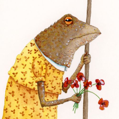 Toad holding a scythe and flowers