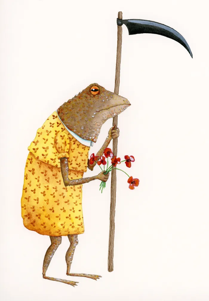 Toad holding a scythe and flowers