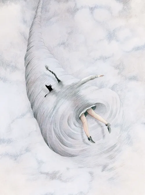 Illustration of Girl and her dog in a tornado.