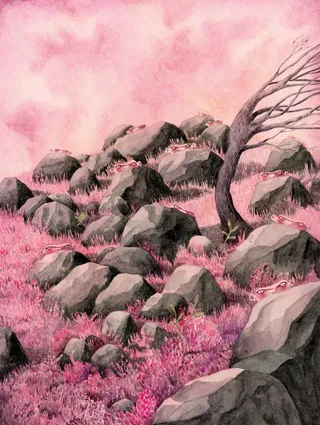 Petits hommes chauves dans un paysage magenta