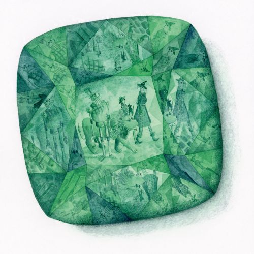Reflection of characters from the wizard of Oz in an emerald stone