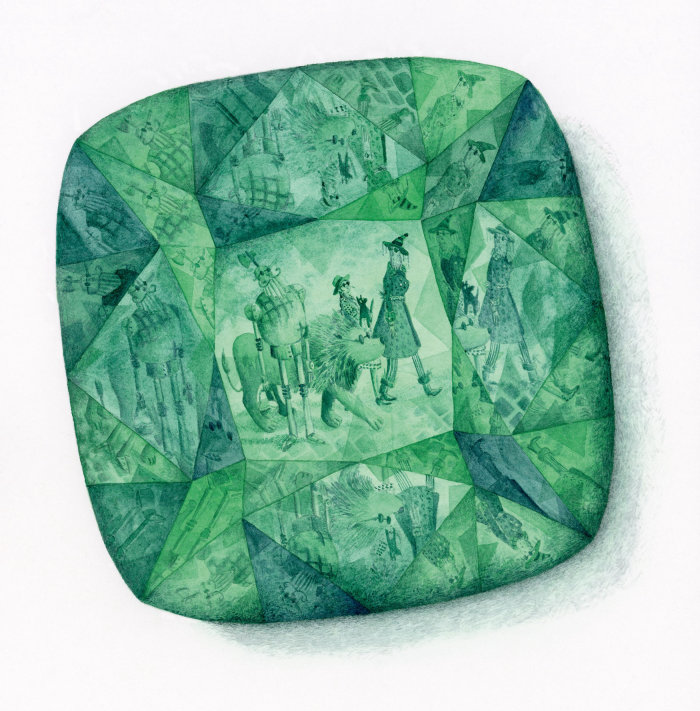 Reflection of characters from the wizard of Oz in an emerald stone