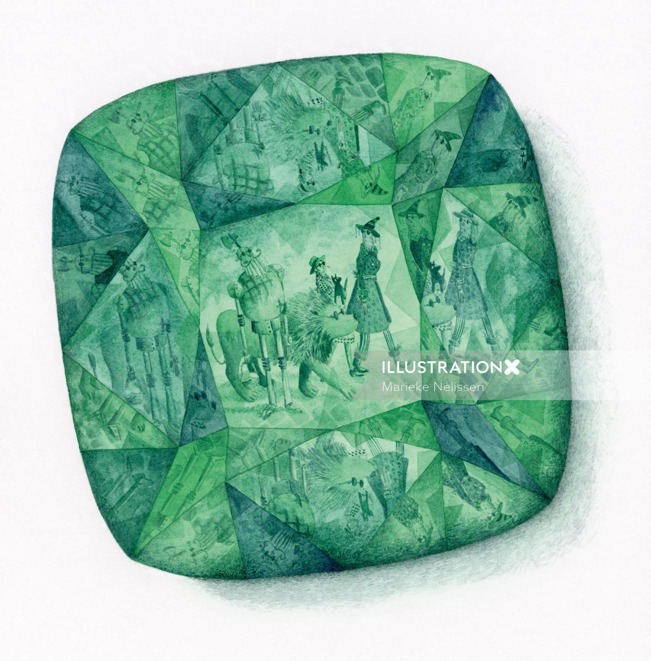 Reflexão dos personagens do mágico de Oz em uma pedra esmeralda