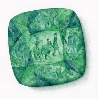 Reflection of characters from the wizard of Oz in an emerald stone