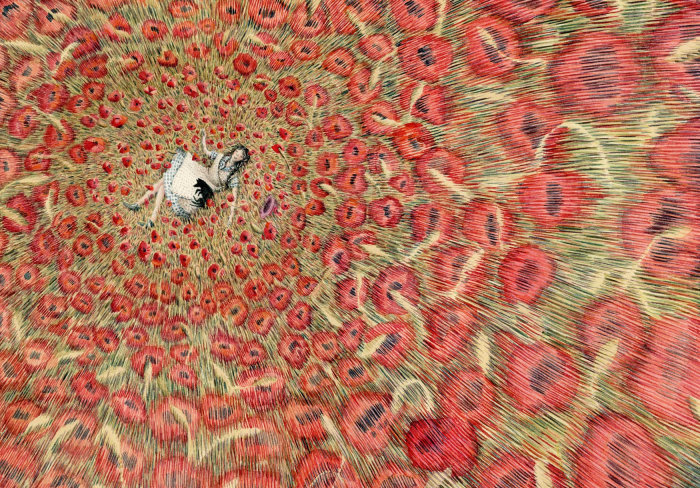 Dorothy and Toto sleeping in a field of poppies