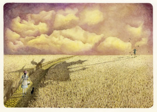 Ilustración de una niña caminando por un camino de ladrillos amarillos 