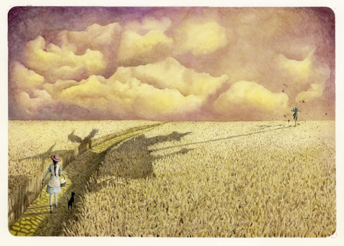 ilustração de menina andando na estrada de tijolos amarelos