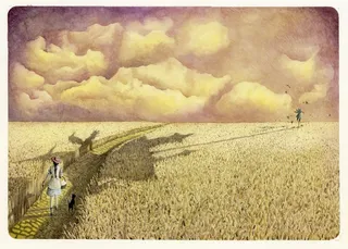 illustration of girl walking on yellow brick road 