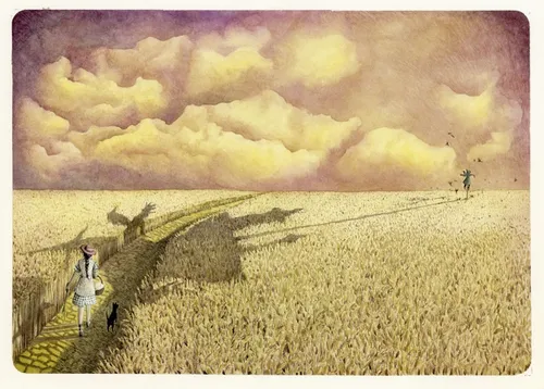 illustration of girl walking on yellow brick road 
