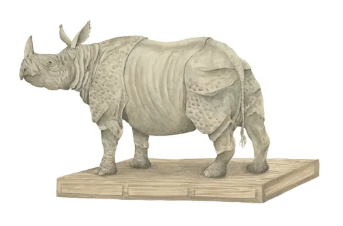 Lifelike African rhinoceros sculpture on wooden base by Marieke Nelissen