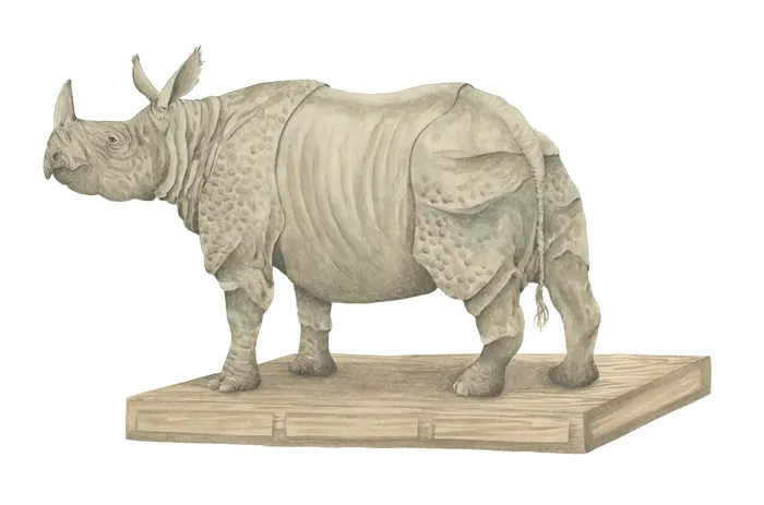 Lifelike African rhinoceros sculpture on wooden base by Marieke Nelissen