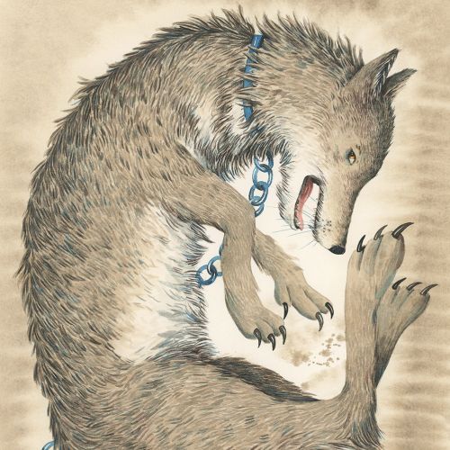 Chained wolf curled defensively with an open mouth by Marieke Nelissen