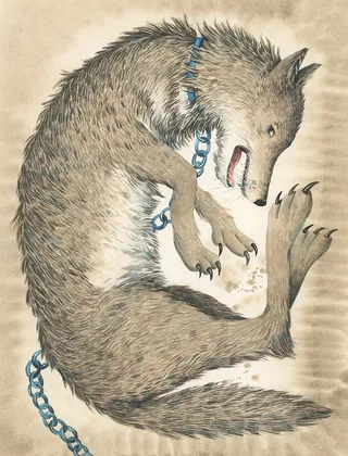 Chained wolf curled defensively with an open mouth by Marieke Nelissen