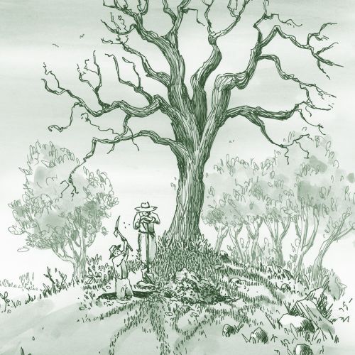 Illustration of person standing under a large bare tree by Marieke Nelissen