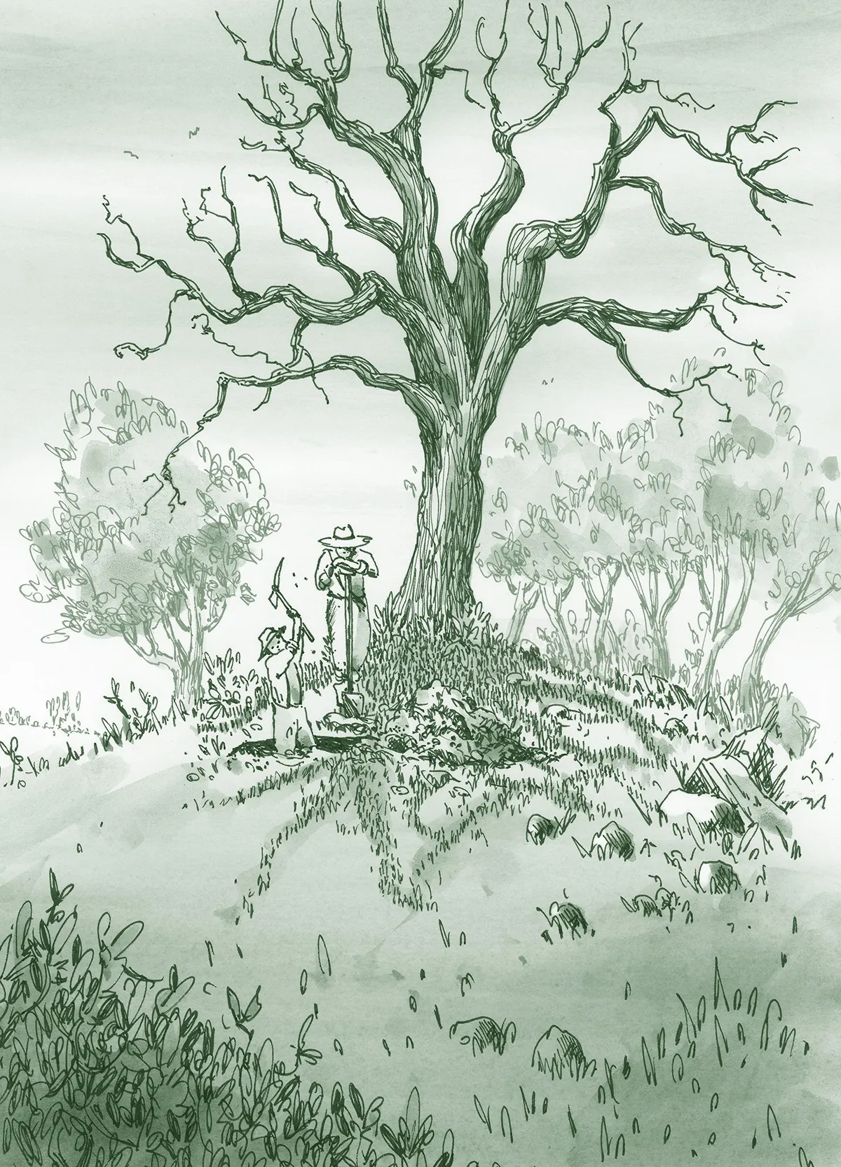 Illustration of person standing under a large bare tree by Marieke Nelissen