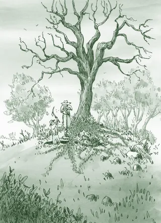 Illustration of person standing under a large bare tree by Marieke Nelissen