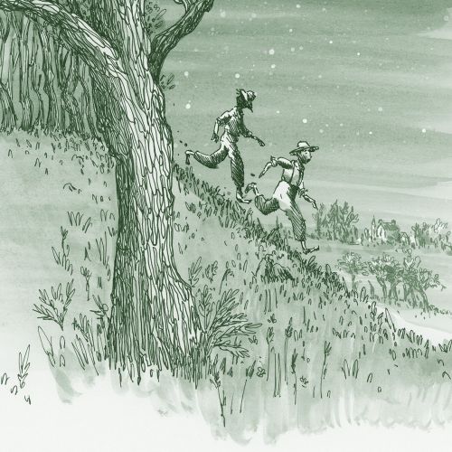 Two children running down a hill beside a tree at night by Marieke Nelissen