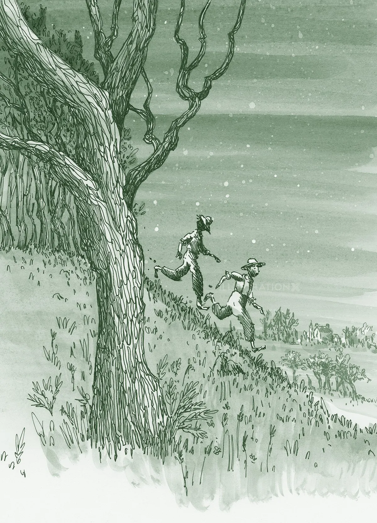 Two children running down a hill beside a tree at night by Marieke Nelissen