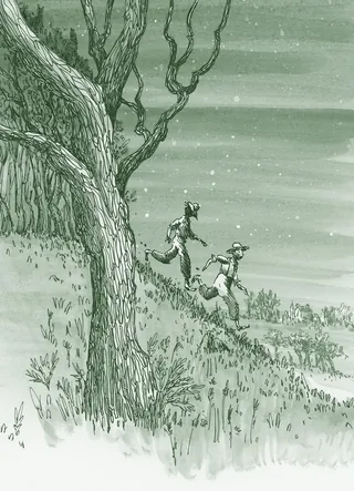 Two children running down a hill beside a tree at night by Marieke Nelissen