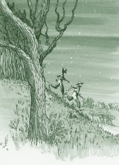 Two children running down a hill beside a tree at night by Marieke Nelissen