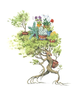 A walking tree moves several colorful potted plants, artwork by Marieke Nelissen