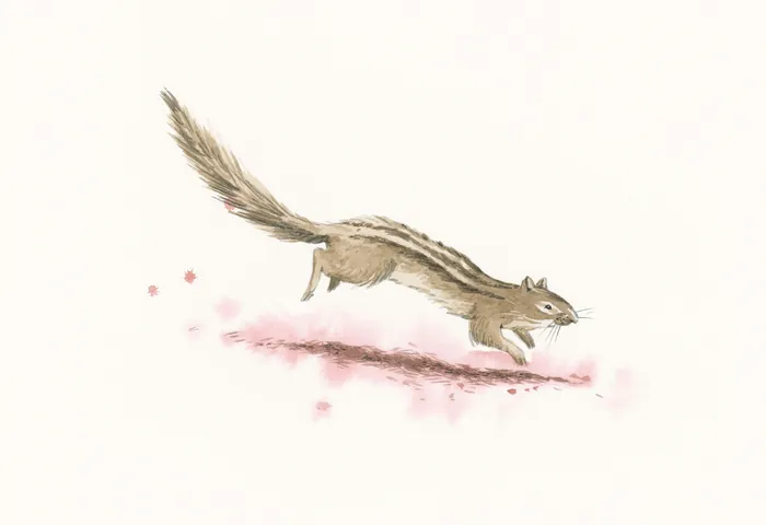 Watercolor illustration of a running chipmunk with a long tail