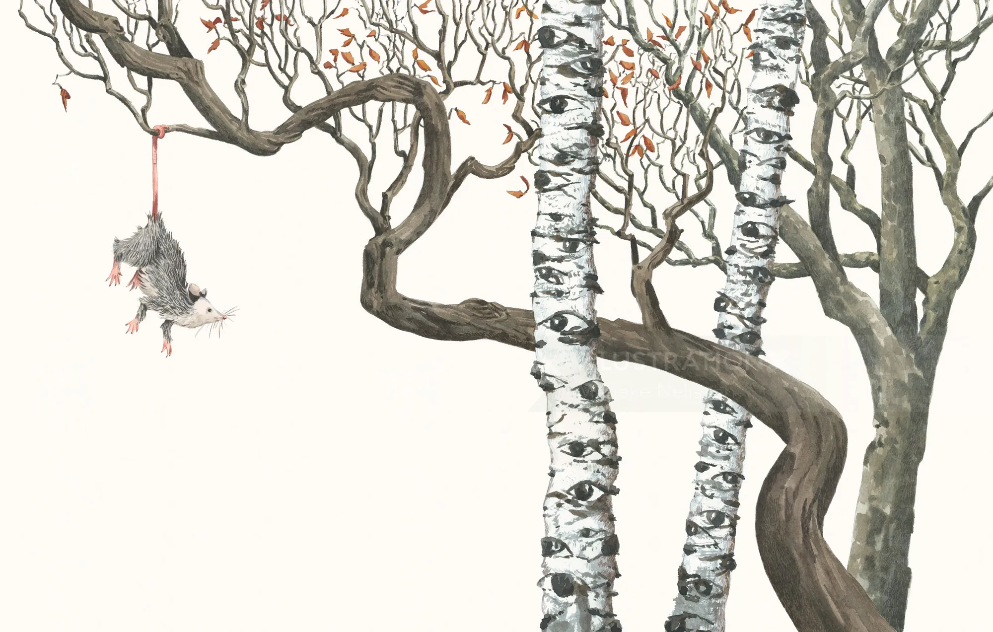 Illustration of a mouse hanging from a tree among birch trees
