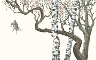 Illustration of a mouse hanging from a tree among birch trees