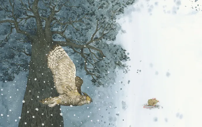 Illustration of an owl flying near a large tree in snowfall