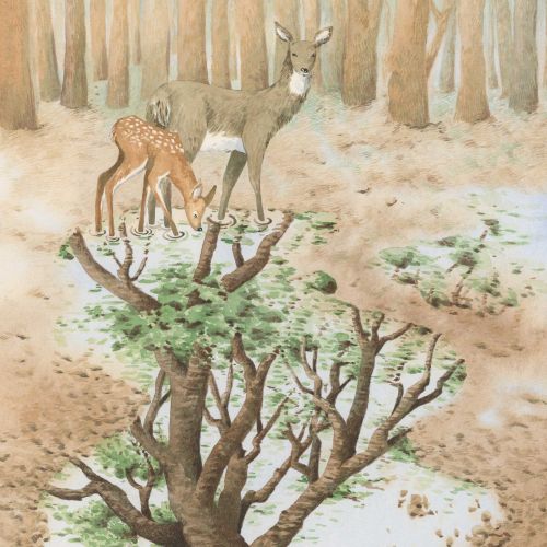 Deer and fawn standing near a tree with antlers growing leaves