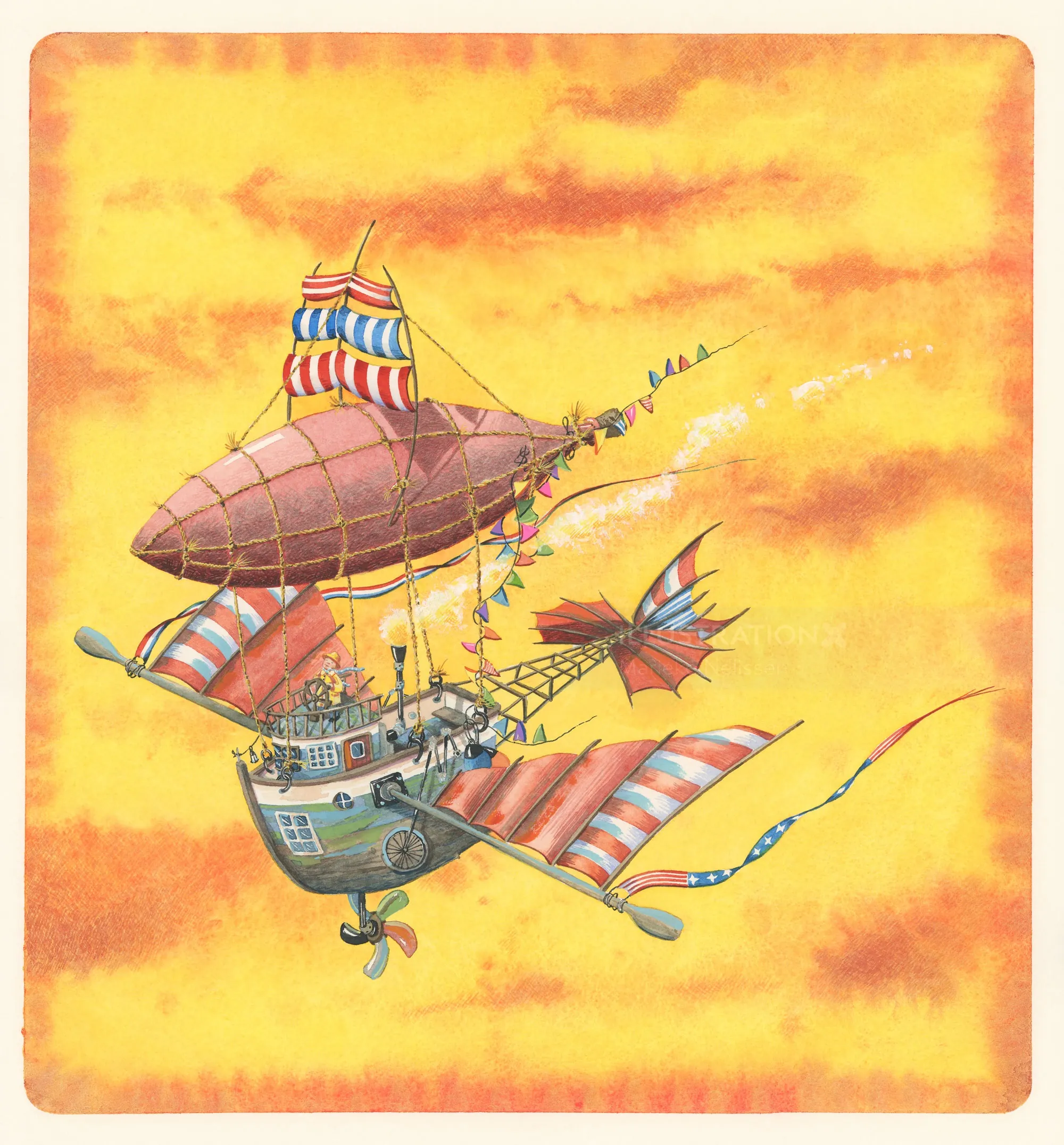 Colorful steampunk airship flying in an orange sky