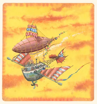 Colorful steampunk airship flying in an orange sky