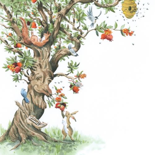 Whimsical tree with a face, animals, and a bunny reaching for flowers