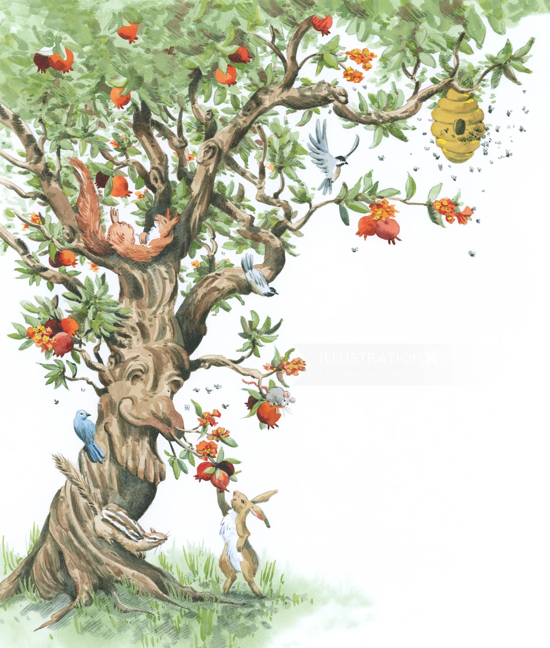 Whimsical tree with a face, animals, and a bunny reaching for flowers
