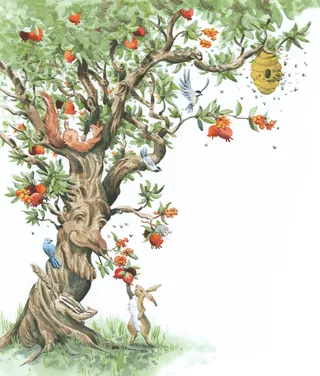 Whimsical tree with a face, animals, and a bunny reaching for flowers
