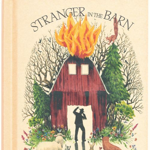 Barn on fire with person silhouette and surrounding forest animals