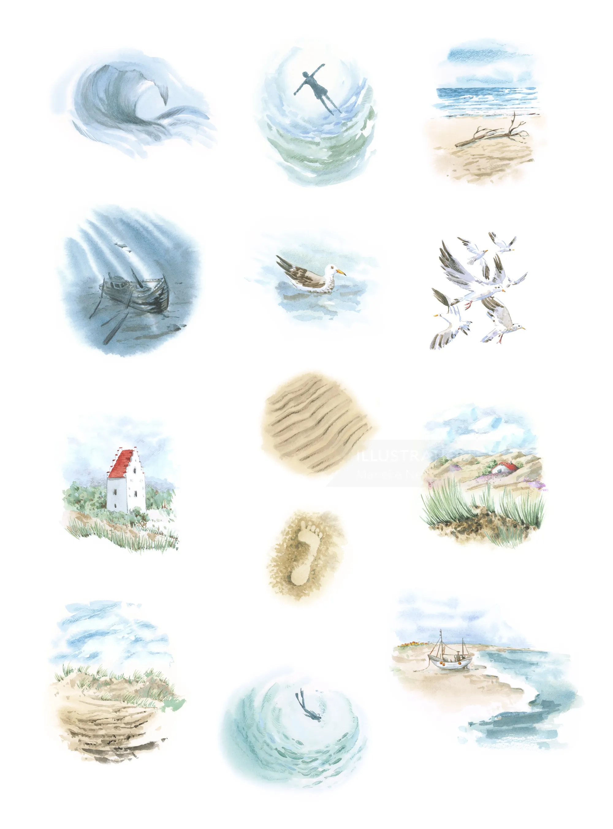 Watercolor spot illustrations of shipwreck, beach, lighthouse, and nature elements