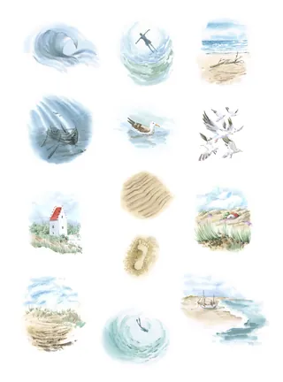 Watercolor spot illustrations of shipwreck, beach, lighthouse, and nature elements