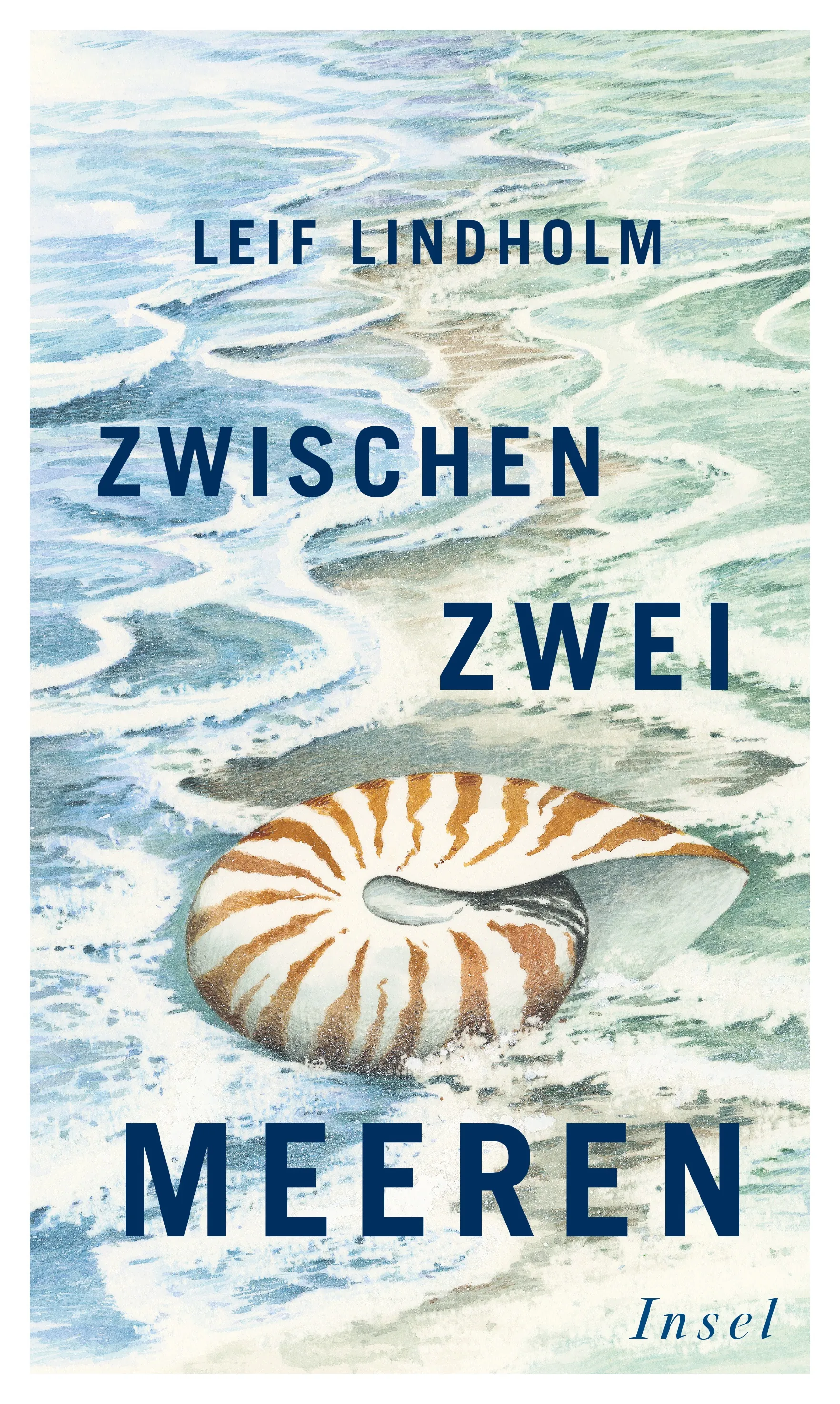 Book cover with a nautilus shell on a sandy shore and ocean waves