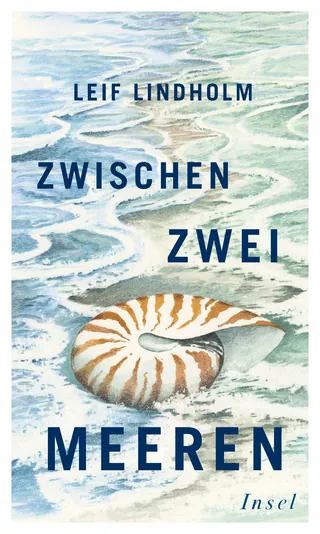 Book cover with a nautilus shell on a sandy shore and ocean waves