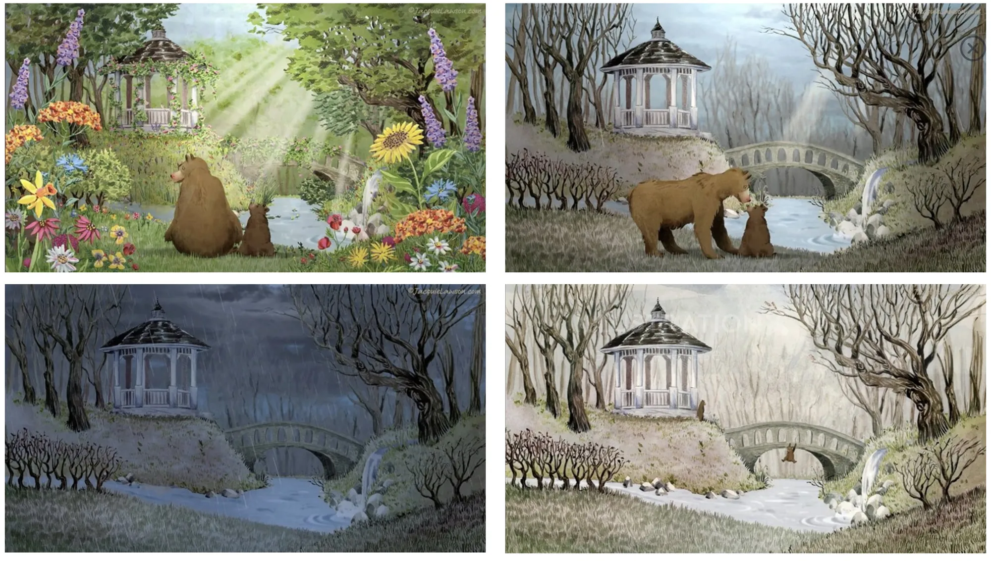 Four scenes of bears near gazebo in changing light and seasons.