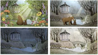 Four scenes of bears near gazebo in changing light and seasons.