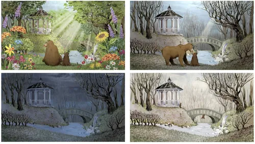 Four scenes of bears near gazebo in changing light and seasons.