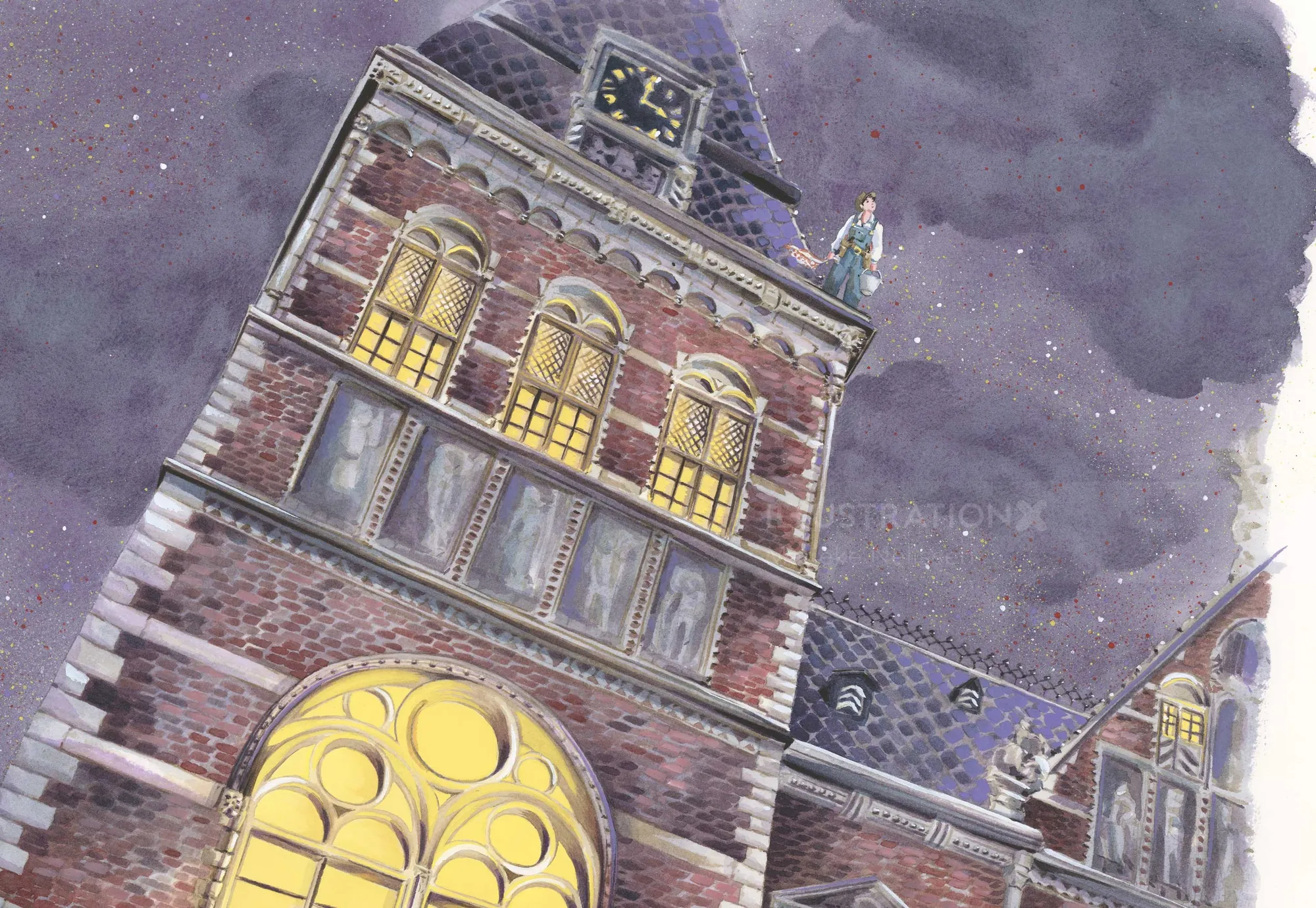 Illustration of the illuminated Rijksmuseum tower against a night sky