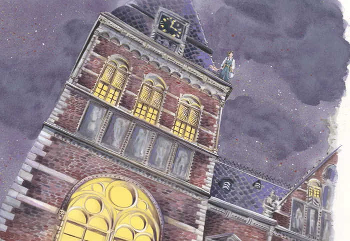 Illustration of the illuminated Rijksmuseum tower against a night sky